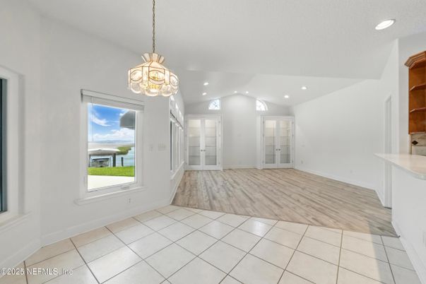 Chandelier, Empty room, Interior, Pendant Lights, Recessed Lighting, Water, Wood Texture Flooring
