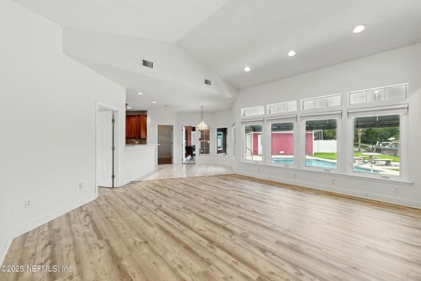 Chandelier, Empty room, Interior, Recessed Lighting, Wood Texture Flooring