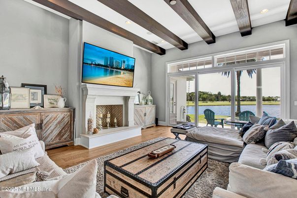 Fireplace, Interior, Living room, Recessed Lighting, Water, Wooden Beams, Wood Texture Flooring