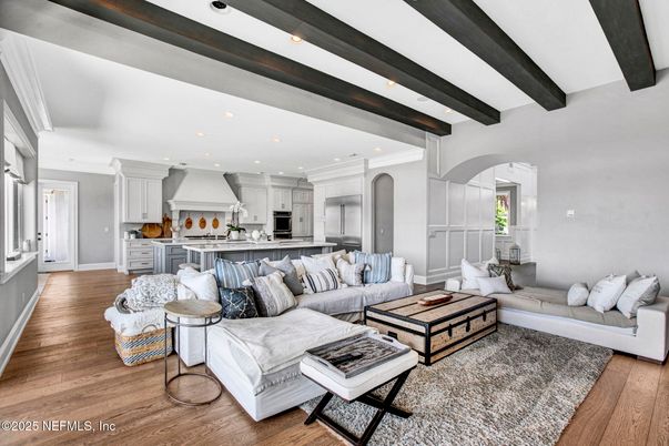 Interior, Kitchen, Living room, Recessed Lighting, Stainless Steel Appliances, Wooden Beams, Wood Texture Flooring