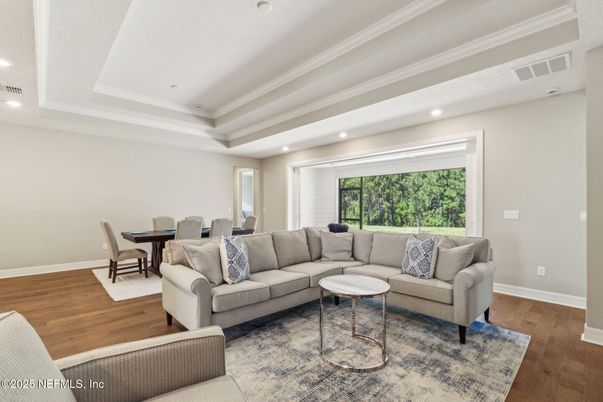 Dining room, Interior, Living room, Recessed Lighting, Wood Texture Flooring