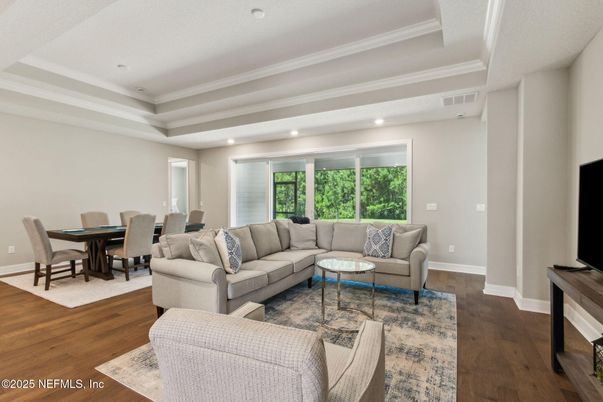 Dining room, Interior, Living room, Recessed Lighting, Wood Texture Flooring