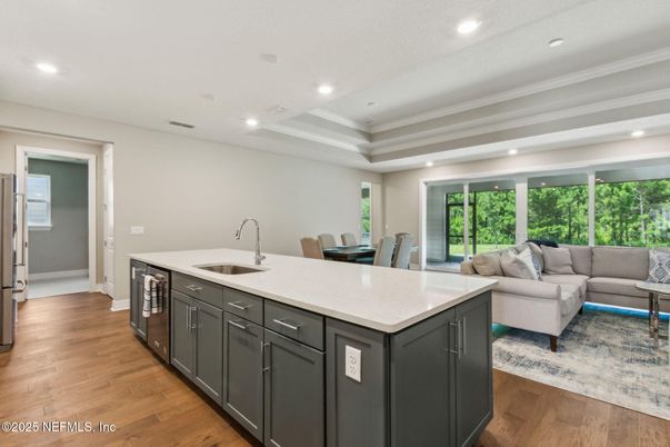 Dining room, Interior, Kitchen, Living room, Recessed Lighting, Wood Texture Flooring