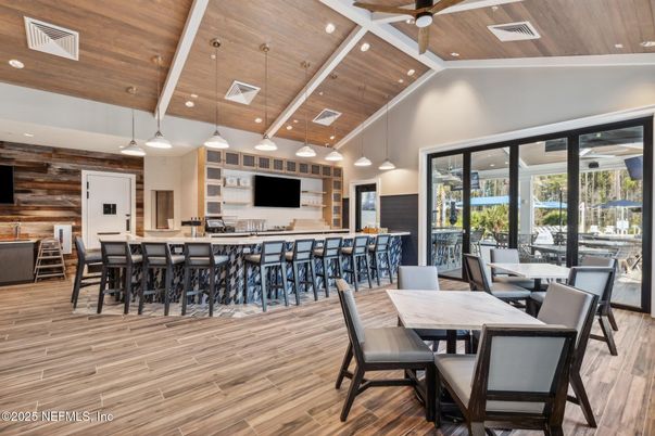 Dining room, Interior, Pendant Lights, Recessed Lighting, Wooden Beams, Wooden Ceilings, Wood Texture Flooring, Wooden Walls