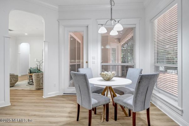 Dining room, Interior, Pendant Lights, Recessed Lighting, Wood Texture Flooring
