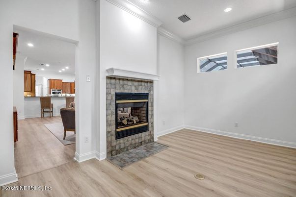 Fireplace, Interior, Kitchen, Recessed Lighting, Wood Texture Flooring