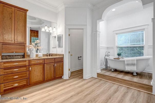 Bathroom, Dual Sink Vanities, Free Standing Baths, Interior, Recessed Lighting, Wood Texture Flooring