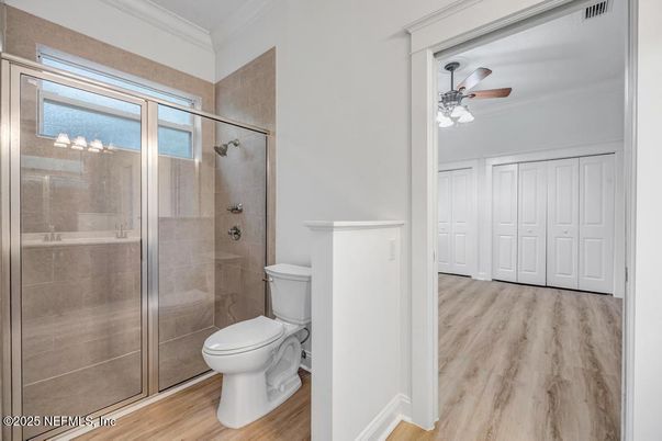 Bathroom, Glass Shower, Interior, Wood Texture Flooring