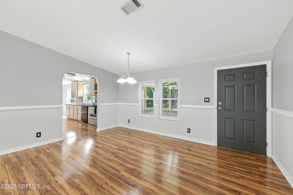 Empty room, Interior, Kitchen, Pendant Lights, Wood Texture Flooring