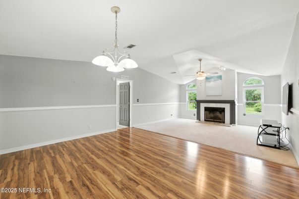 Empty room, Fireplace, Interior, Pendant Lights, Wood Texture Flooring