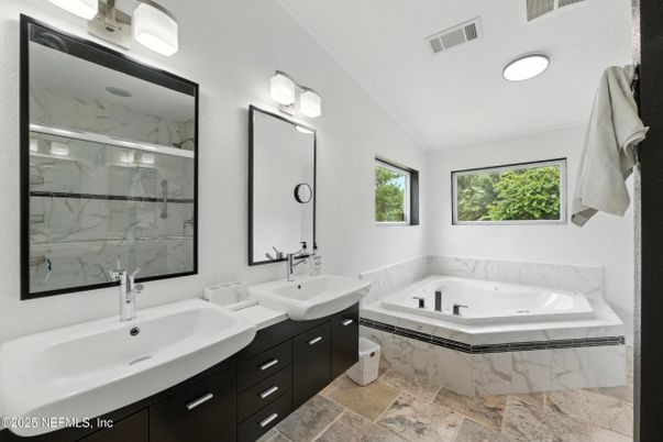 Bathroom, Dual Sink Vanities, Glass Shower, Interior, Marble Walls
