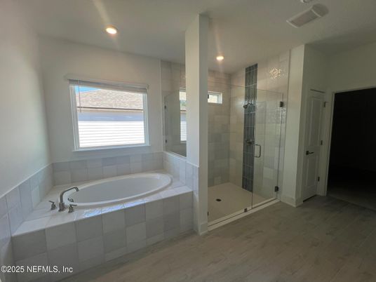 Bathroom, Glass Shower, Interior, Recessed Lighting, Wood Texture Flooring