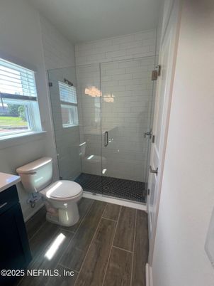 Bathroom, Glass Shower, Interior, Wood Texture Flooring
