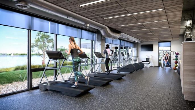 Fitness Equipment, Gym, Interior, Recessed Lighting, Water