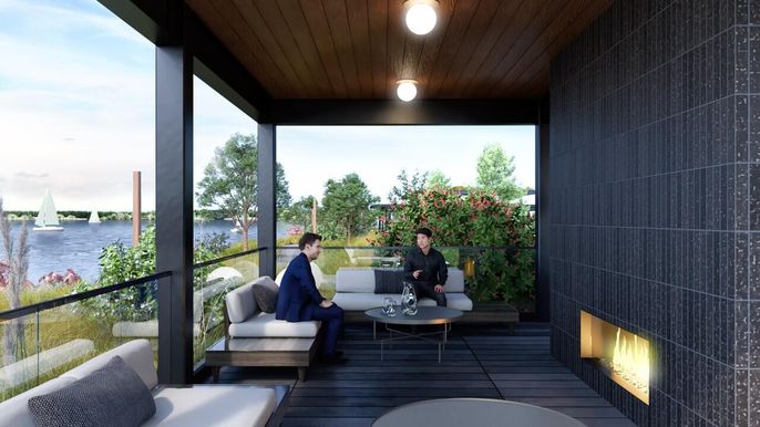 Fireplace, Interior, Living room, Water, Wooden Ceilings