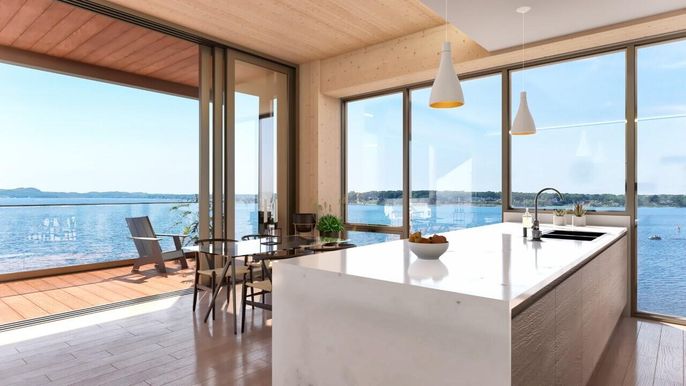 Interior, Kitchen, Pendant Lights, Water, Wooden Ceilings
