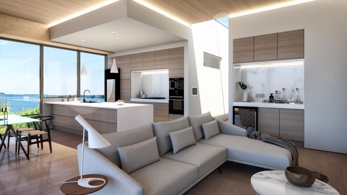 Dining room, Interior, Kitchen, Living room, Recessed Lighting, Stainless Steel Appliances, Water, Wooden Ceilings, Wood Texture Flooring