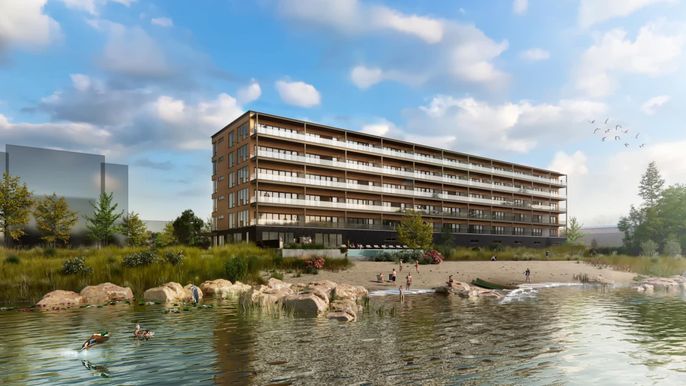 Exterior, Facade, Lake, Condo Building