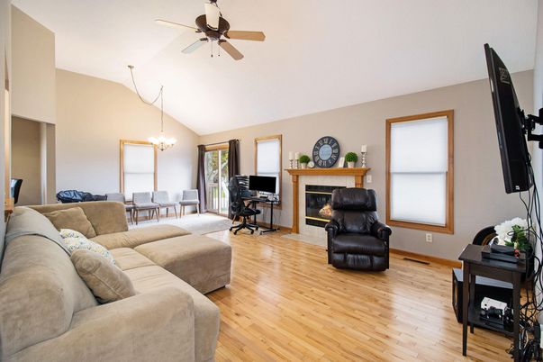 Chandelier, Dining room, Fireplace, Interior, Living room, Wood Texture Flooring
