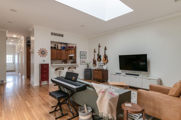 Interior, Living room, Piano, Recessed Lighting, Wood Texture Flooring