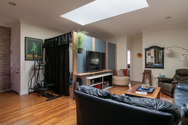 Fitness Equipment, Interior, Living room, Stone Walls, Wood Texture Flooring