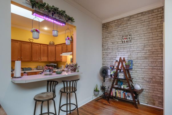 Interior, Kitchen, Pendant Lights, Recessed Lighting, Stone Walls, Wood Texture Flooring
