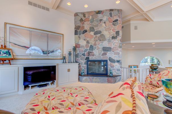 Fireplace, Interior, Living room, Recessed Lighting, Stone Walls