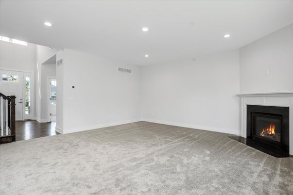 Empty room, Fireplace, Interior, Recessed Lighting, Wood Texture Flooring