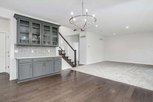 Chandelier, Empty room, Interior, Pendant Lights, Recessed Lighting, Wood Texture Flooring