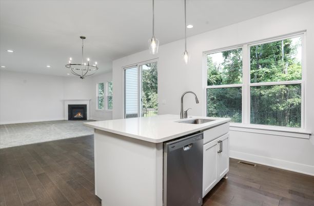 Fireplace, Interior, Kitchen, Pendant Lights, Recessed Lighting, Wood Texture Flooring
