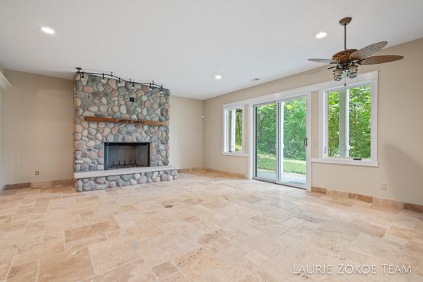 Empty room, Fireplace, Interior, Recessed Lighting, Stone Walls