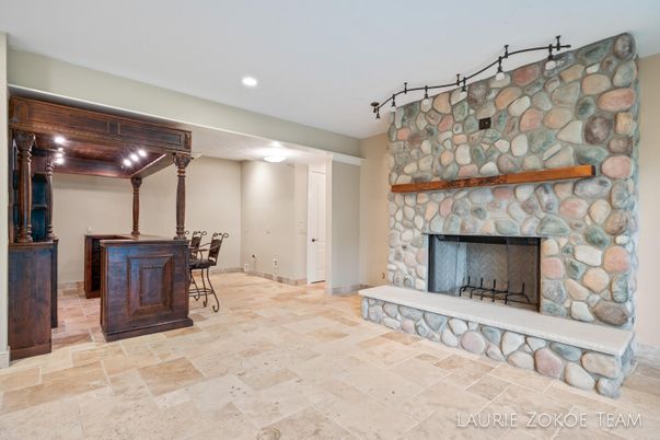 Dining room, Fireplace, Interior, Recessed Lighting, Stone Walls