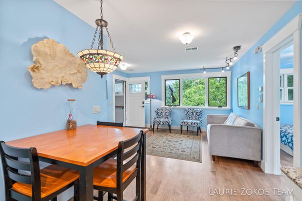 Dining room, Interior, Living room, Pendant Lights, Wood Texture Flooring