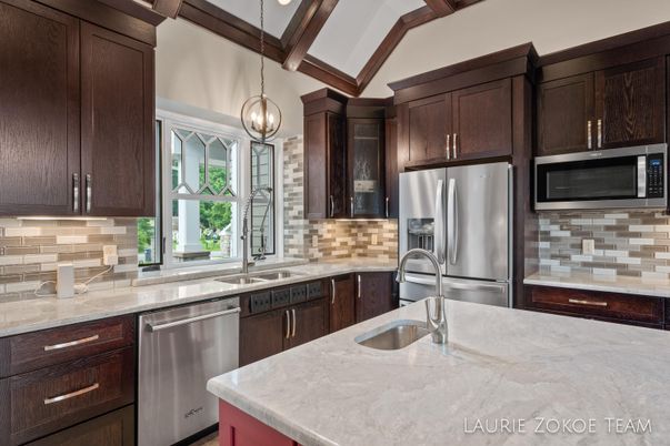 Interior, Kitchen, Pendant Lights, Stainless Steel Appliances, Wooden Beams