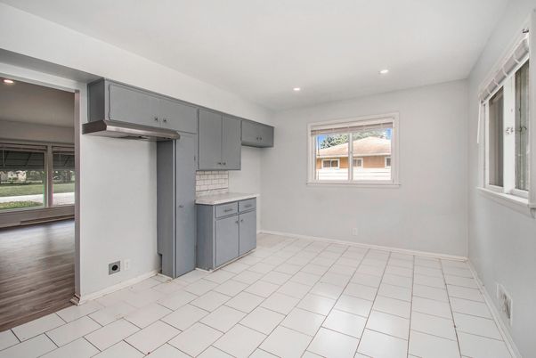Empty room, Interior, Kitchen, Recessed Lighting, Wood Texture Flooring