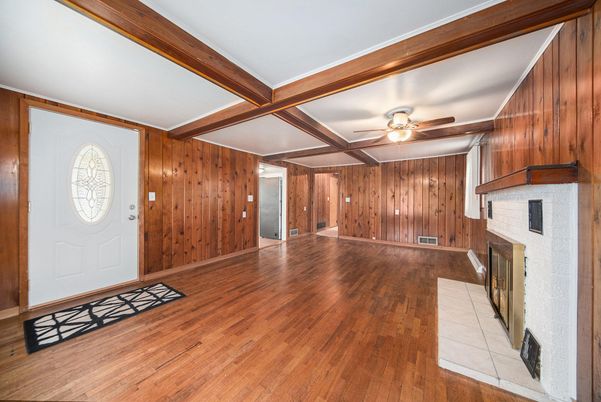 Empty room, Fireplace, Interior, Wooden Beams, Wood Texture Flooring, Wooden Walls