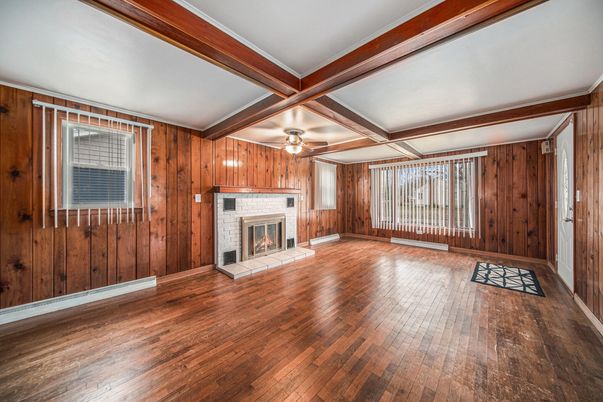 Empty room, Fireplace, Interior, Wooden Beams, Wood Texture Flooring, Wooden Walls