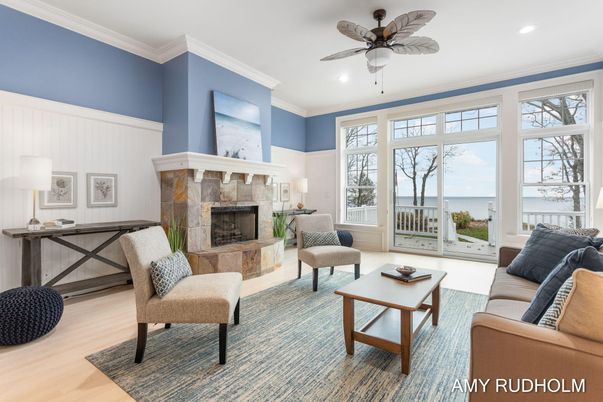 Fireplace, Interior, Living room, Recessed Lighting, Water, Wood Texture Flooring