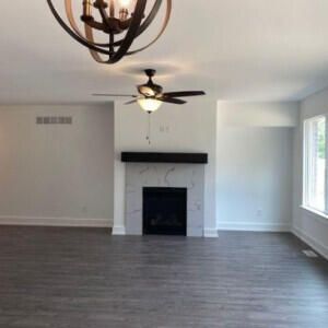 Chandelier, Empty room, Fireplace, Interior, Wood Texture Flooring