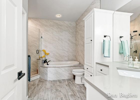 Bathroom, Interior, Marble Walls, Recessed Lighting, Wood Texture Flooring
