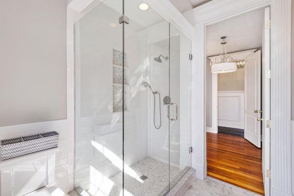 Bathroom, Glass Shower, Interior, Marble, Pendant Lights, Recessed Lighting, Wood Texture Flooring