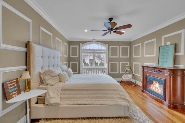 Bedroom, Fireplace, Interior, Recessed Lighting, Wood Texture Flooring