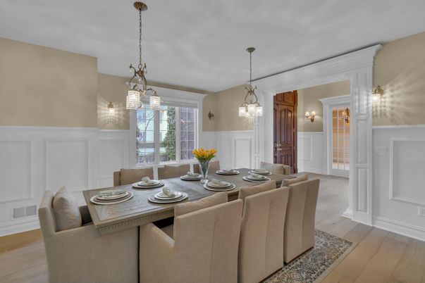 Dining room, Interior, Pendant Lights, Wood Texture Flooring