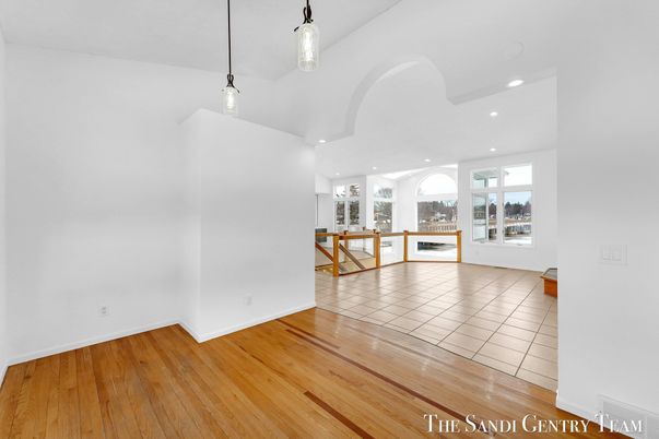 Empty room, Fireplace, Interior, Pendant Lights, Recessed Lighting, Wood Texture Flooring