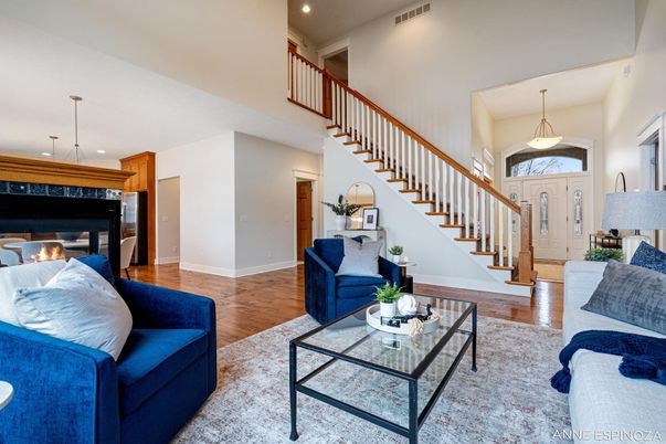 Fireplace, Interior, Living room, Pendant Lights, Recessed Lighting, Wood Texture Flooring