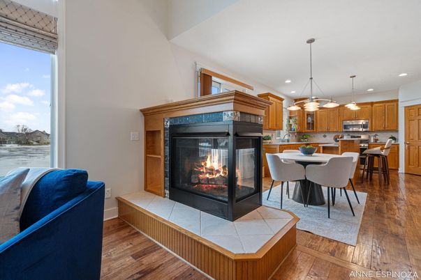 Dining room, Fireplace, Interior, Kitchen, Pendant Lights, Recessed Lighting, Wood Texture Flooring