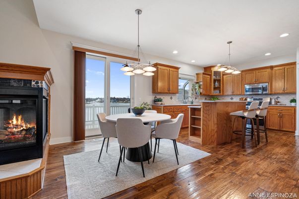 Dining room, Fireplace, Interior, Kitchen, Pendant Lights, Recessed Lighting, Wood Texture Flooring