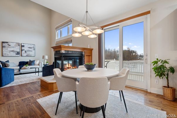 Dining room, Fireplace, Interior, Living room, Pendant Lights, Wood Texture Flooring