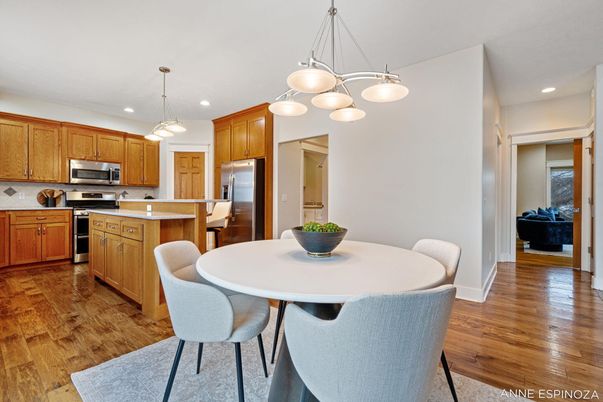 Dining room, Interior, Kitchen, Pendant Lights, Recessed Lighting, Stainless Steel Appliances, Wood Texture Flooring