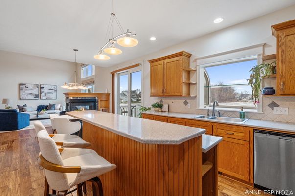 Fireplace, Interior, Kitchen, Living room, Pendant Lights, Recessed Lighting, Wood Texture Flooring